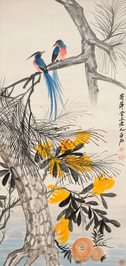 소나무, 꽃, 새